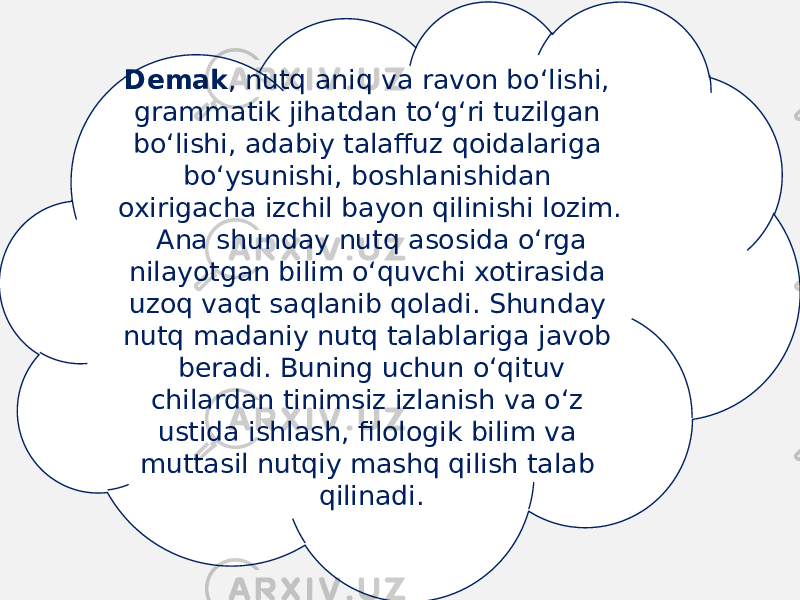 Demak , nutq aniq va ravon bo‘lishi, grammatik jihatdan to‘g‘ri tuzil gan bo‘lishi, adabiy talaffuz qoidalariga bo‘ysunishi, boshlanishidan oxirigacha izchil bayon qilinishi lozim. Ana shunday nutq asosida o‘rga nilayotgan bilim o‘quvchi xotirasida uzoq vaqt saqlanib qoladi. Shun day nutq madaniy nutq talablariga javob beradi. Buning uchun o‘qi tuv chilardan tinimsiz izlanish va o‘z ustida ishlash, filologik bilim va muttasil nutqiy mashq qilish talab qilinadi. 