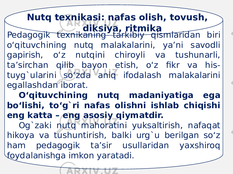 Pedagogik texnikaning tarkibiy qismlaridan biri o‘qituvchining nutq malakalarini, ya’ni savodli gapirish, o‘z nutqini chiroyli va tushunarli, ta’sirchan qilib bayon etish, o‘z fikr va his- tuyg`ularini so‘zda aniq ifodalash malakalarini egallashdan iborat. O‘qituvchining nutq madaniyatiga ega bo‘lishi, to‘g`ri nafas olishni ishlab chiqishi eng katta – eng asosiy qiymatdir. Og`zaki nutq mahoratini yuksaltirish, nafaqat hikoya va tushuntirish, balki urg`u berilgan so‘z ham pedagogik ta’sir usullaridan yaxshiroq foydalanishga imkon yaratadi. Nutq texnikasi: nafas olish, tovush, diksiya, ritmika 