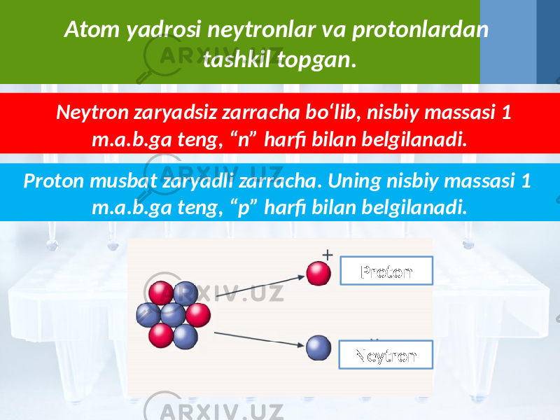 Atom yadrosi neytronlar va protonlardan tashkil topgan. Neytron zaryadsiz zarracha bo‘lib, nisbiy massasi 1 m.a.b.ga teng, “n” harfi bilan belgilanadi. Proton NeytronProton musbat zaryadli zarracha. Uning nisbiy massasi 1 m.a.b.ga teng, “p” harfi bilan belgilanadi. 