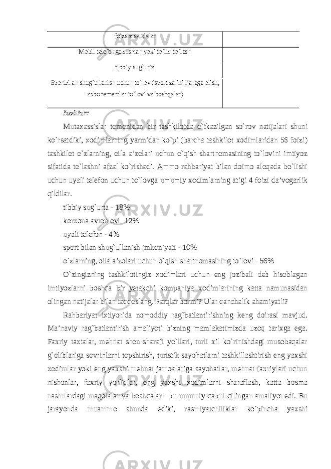 foizsiz ssudalar Mobil telefonga qisman yoki to`liq to`lash tibbiy sug`urta Sportbilan shug`ullanish uchun to`lov (sport zalini ijaraga olish, abbonementlar to`lovi va boshqalar) Izohlar: Mutaxassislar tomonidan bir tashkilotda o`tkazilgan so`rov natijalari shuni ko`rsatdiki, xodimlarning yarmidan ko`pi (barcha tashkilot xodimlaridan 56 foizi) tashkilot o`zlarning, oila a’zolari uchun o`qish shartnomasining to`lovini imtiyoz sifatida to`lashni afzal ko`rishadi. Ammo rahbariyat bilan doimo aloqada bo`lishi uchun uyali telefon uchun to`lovga umumiy xodimlarning atigi 4 foizi da’vogarlik qildilar. tibbiy sug`urta - 18% korxona avtoulovi -12% uyali telefon - 4% sport bilan shug`ullanish imkoniyati - 10% o`zlarning, oila a’zolari uchun o`qish shartnomasining to`lovi - 56% O`zingizning tashkilotingiz xodimlari uchun eng jozibali deb hisoblagan imtiyozlarni boshqa bir yetakchi kompaniya xodimlarining katta namunasidan olingan natijalar bilan taqqoslang. Farqlar bormi? Ular qanchalik ahamiyatli? Rahbariyat ixtiyorida nomoddiy rag`batlantirishning keng doirasi mavjud. Ma’naviy rag`batlantirish amaliyoti bizning mamlakatimizda uzoq tarixga ega. Faxriy taxtalar, mehnat shon-sharafi yo`llari, turli xil ko`rinishdagi musobaqalar g`oliblariga sovrinlarni topshirish, turistik sayohatlarni tashkillashtirish eng yaxshi xodimlar yoki eng yaxshi mehnat jamoalariga sayohatlar, mehnat faxriylari uchun nishonlar, faxriy yorliqlar, eng yaxshi xodimlarni sharaflash, katta bosma nashrlardagi maqolalar va boshqalar - bu umumiy qabul qilingan amaliyot edi. Bu jarayonda muammo shunda ediki, rasmiyatchiliklar ko`pincha yaxshi 