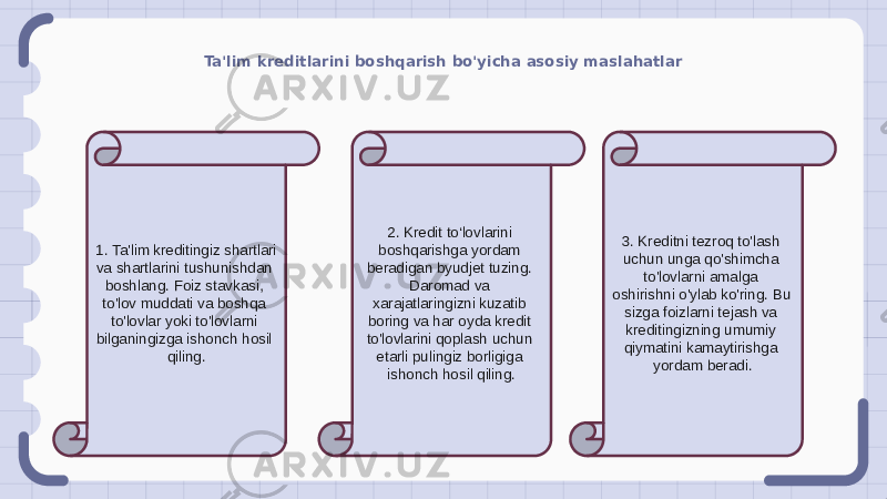 Ta&#39;lim kreditlarini boshqarish bo&#39;yicha asosiy maslahatlar 1. Ta&#39;lim kreditingiz shartlari va shartlarini tushunishdan boshlang. Foiz stavkasi, to&#39;lov muddati va boshqa to&#39;lovlar yoki to&#39;lovlarni bilganingizga ishonch hosil qiling. 2. Kredit to‘lovlarini boshqarishga yordam beradigan byudjet tuzing. Daromad va xarajatlaringizni kuzatib boring va har oyda kredit to&#39;lovlarini qoplash uchun etarli pulingiz borligiga ishonch hosil qiling. 3. Kreditni tezroq to&#39;lash uchun unga qo&#39;shimcha to&#39;lovlarni amalga oshirishni o&#39;ylab ko&#39;ring. Bu sizga foizlarni tejash va kreditingizning umumiy qiymatini kamaytirishga yordam beradi. 