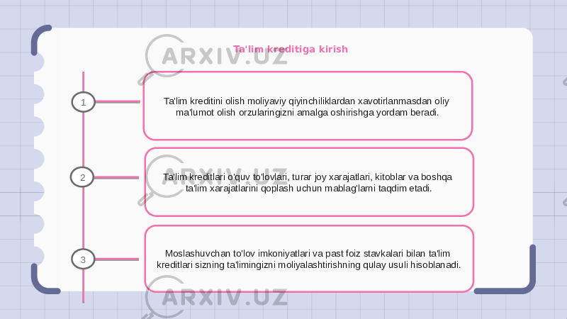 Ta&#39;lim kreditiga kirish Ta&#39;lim kreditini olish moliyaviy qiyinchiliklardan xavotirlanmasdan oliy ma&#39;lumot olish orzularingizni amalga oshirishga yordam beradi. Ta&#39;lim kreditlari o&#39;quv to&#39;lovlari, turar joy xarajatlari, kitoblar va boshqa ta&#39;lim xarajatlarini qoplash uchun mablag&#39;larni taqdim etadi. Moslashuvchan to&#39;lov imkoniyatlari va past foiz stavkalari bilan ta&#39;lim kreditlari sizning ta&#39;limingizni moliyalashtirishning qulay usuli hisoblanadi.1 2 3 