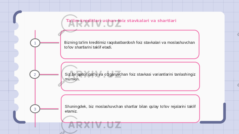 Ta&#39;lim kreditlari uchun foiz stavkalari va shartlari Bizning ta&#39;lim kreditimiz raqobatbardosh foiz stavkalari va moslashuvchan to&#39;lov shartlarini taklif etadi. Siz bir qator qat&#39;iy va o&#39;zgaruvchan foiz stavkasi variantlarini tanlashingiz mumkin. Shuningdek, biz moslashuvchan shartlar bilan qulay to&#39;lov rejalarini taklif etamiz.1 2 3 