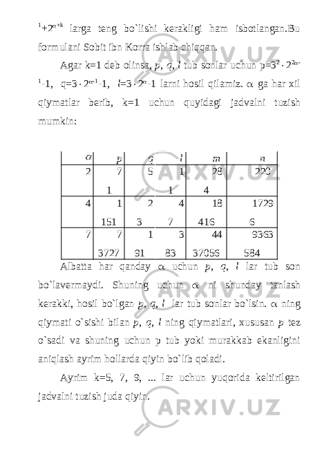 1 +2  +k larga teng bo`lishi kerakligi ham isbotlangan.Bu formulani Sobit ibn Korra ishlab chiqqan. Agar k=1 deb olinsa, p , q , l tub sonlar uchun p=3 2  2 2  - 1 -1, q=3  2  -1 -1, l =3  2  -1 larni hosil qilamiz.  ga har xil qiymatlar berib, k=1 uchun quyidagi jadvalni tuzish mumkin: p q l m n 2 7 1 5 1 1 28 4 220 4 1 151 2 3 4 7 18 416 1729 6 7 7 3727 1 91 3 83 44 37056 9363 584 Albatta har qanday  uchun p , q , l lar tub son bo`lavermaydi. Shuning uchun  ni shunday tanlash kerakki, hosil bo`lgan p , q , l lar tub sonlar bo`lsin.  ning qiymati o`sishi bilan p , q , l ning qiymatlari, xususan p tez o`sadi va shuning uchun p tub yoki murakkab ekanligini aniqlash ayrim hollarda qiyin bo`lib qoladi. Ayrim k=5, 7, 9, ... lar uchun yuqorida keltirilgan jadvalni tuzish juda qiyin. 