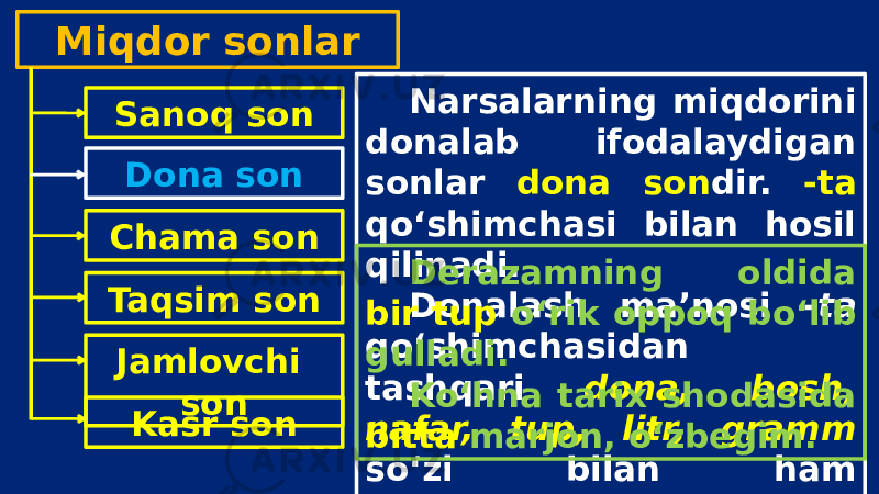 Miqdor sonlar Sanoq son Dona son Chama son Taqsim son Jamlovchi son Kasr son Narsalarning miqdorini donalab ifodalaydigan sonlar dona son dir. -ta qo‘shimchasi bilan hosil qilinadi. Donalash ma’nosi - ta qo‘shimchasidan tashqari dona, bosh, nafar, tup, litr, gramm so‘zi bilan ham ifodalanadi. Derazamning oldida bir tup o‘rik oppoq bo‘lib gulladi. Ko‘hna tarix shodasida bitta marjon, o‘zbegim. 