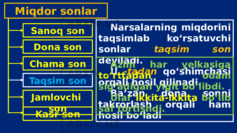 Miqdor sonlar Sanoq son Dona son Chama son Taqsim son Jamlovchi son Kasr son Narsalarning miqdorini taqsimlab ko‘rsatuvchi sonlar taqsim son deyiladi. U - tadan qo‘shimchasi orqali hosil qilinadi. Ba’zan dona sonni takrorlash orqali ham hosil bo‘ladi Azim har yelkasiga to‘rttadan odam sig‘adigan yigit bo‘libdi. Ular ikkita-ikkita bo‘lib saf tortishdi. 