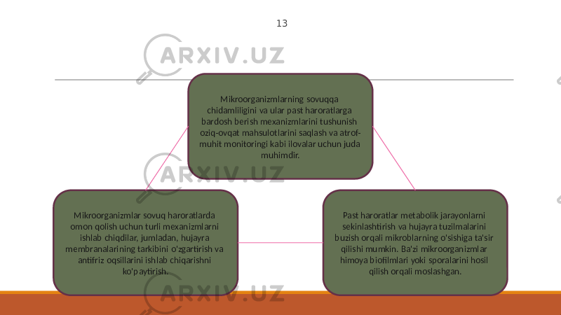 13 Mikroorganizmlar sovuq haroratlarda omon qolish uchun turli mexanizmlarni ishlab chiqdilar, jumladan, hujayra membranalarining tarkibini o&#39;zgartirish va antifriz oqsillarini ishlab chiqarishni ko&#39;paytirish. Past haroratlar metabolik jarayonlarni sekinlashtirish va hujayra tuzilmalarini buzish orqali mikroblarning o&#39;sishiga ta&#39;sir qilishi mumkin. Ba&#39;zi mikroorganizmlar himoya biofilmlari yoki sporalarini hosil qilish orqali moslashgan.Mikroorganizmlarning sovuqqa chidamliligini va ular past haroratlarga bardosh berish mexanizmlarini tushunish oziq-ovqat mahsulotlarini saqlash va atrof- muhit monitoringi kabi ilovalar uchun juda muhimdir. 
