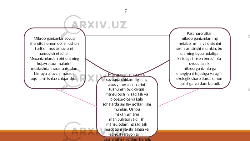 7 Mikroorganizmlar sovuq sharoitda omon qolish uchun turli xil moslashuvlarni namoyish etadilar. Mexanizmlardan biri ularning hujayra tuzilmalarini muzlashdan zararlanishdan himoya qiluvchi maxsus oqsillarni ishlab chiqarishdir. Past haroratlar mikroorganizmlarning metabolizmini va o&#39;sishini sekinlashtirishi mumkin, bu ularning uyqu holatiga kirishiga imkon beradi. Bu uyquchanlik mikroorganizmlarga energiyani tejashga va og&#39;ir ekologik sharoitlarda omon qolishga yordam beradi.Mikroorganizmlarning sovuqqa chidamliligining asosiy mexanizmlarini tushunish oziq-ovqat mahsulotlarini saqlash va biotexnologiya kabi sohalarda amaliy qo&#39;llanilishi mumkin. Ushbu mexanizmlarni manipulyatsiya qilish mahsulotlarning saqlash muddatini yaxshilashga va sanoat jarayonlarini yaxshilashga yordam beradi. 