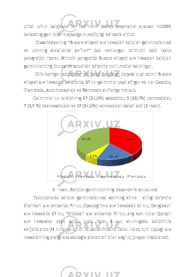 qilish uchun kelajakda har ikki turni boshqa praymerlar xususan mtDNK barkoding geni bilan maqsadga muvofiqligi ko’rsatib o’tildi. Dissertasiyaning “Buxoro viloyati suv havzalari baliqlari gelmintofaunasi va ularning shakllanish yo’llari” deb nomlangan to’rtinchi bobi ikkita paragrafdan iborat. Birinchi paragrafda Buxoro viloyati suv havzalari baliqlari gelmintlarining faunasi va tarqalishi bo’yicha ma’lumotlar keltirilgan. Olib borilgan tadqiqotlar natijasida Zarafshon daryosi quyi oqimi Buxoro viloyati suv havzalari baliqlarida 32 tur gelmintlar qayd etilgan va ular Cestoda, Trematoda, Acanthocephala va Nematoda sinflariga mansub. Gelmintlar tur tarkibining 12 (37,5%) sestodalar, 6 (18,7%) trematodalar, 2 (6,2 %) akantosefalalar va 12 (37,5%) nematodalar tashkil etdi (1-rasm). 6 - rasm. Baliqlar gelmintlarining taksonomik strukturasi Tadqiqotlarda baliqlar gelmintofaunasi sonining xilma - xilligi bo’yicha Sho’rko’l suv omborida 27 tur, Oyoqog’itma suv havzasida 17 tur, Dengizko’l suv havzasida 12 tur, To’dako’l suv omborida 27 tur, eng kam turlar Qoraqir suv havzasida qayd etildi, unda faqat 8 tur, shuningdek baliqchilik xo’jaliklarida 21 tur qayd etildi. Kuzatishimizcha ushbu holat, turli tipdagi suv havzalarining o’ziga xos ekologik sharoitlari bilan bog’liq jarayon hisoblanadi. 37 ,5% 18 ,7%6 ,2%37 ,5% Cestoda Trematoda Acanthocephala Nematoda 