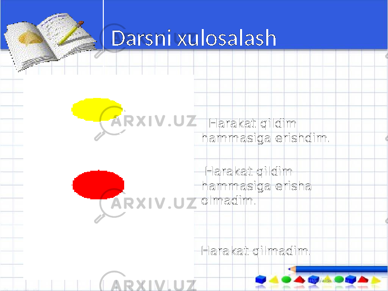 Darsni xulosalash Harakat qildim hammasiga erishdim. Harakat qildim hammasiga erisha olmadim. Harakat qilmadim. 