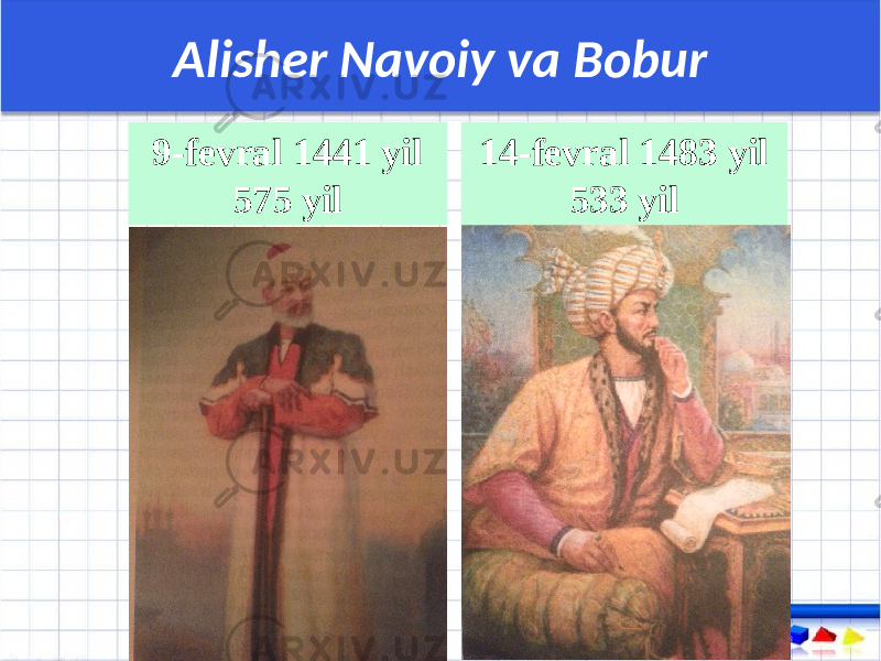 9-fevral 1441 yil 575 yil 14-fevral 1483 yil 533 yilAlisher Navoiy va Bobur 