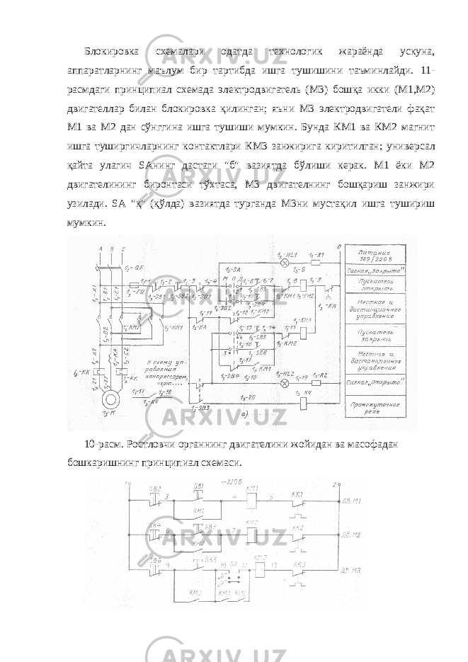 Блокировка схемалари одатда технологик жараёнда ускуна, аппаратларнинг маълум бир тартибда ишга тушишини таъминлайди. 11 - р асмдаги принципиал схемада электродвигатель (М3) бош қ а икки (М1,М2) двигателлар билан блокировка қилинган; яъни М3 электродвигатели фақат М1 ва М2 дан сўнггина ишга тушиши мумкин. Бунда КМ1 ва КМ2 магнит ишга туширгичларнинг контактлари КМ3 занжирига киритилган  универсал қайта улагич SАнинг дастаги &#34;б&#34; вазиятда бўлиши керак. М1 ёки М2 двигателининг биронтаси тўхтаса, М3 двигателнинг бошқариш занжири узилади. S А &#34; қ &#34; ( қ ўлда) вазиятда турганда М3ни муста қ ил ишга тушириш мумкин. 10-расм. Ростловчи органнинг двигателини жойидан ва масофадан бошкаришнинг принципиал схемаси. 