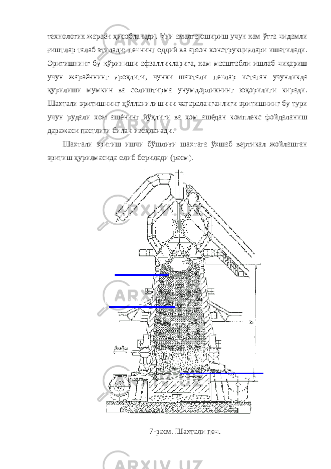 технологик жараён ҳисобланади. Уни амалга ошириш учун кам ўтга чидамли ғиштлар талаб этилади; печнинг оддий ва арзон конструкциялари ишатилади. Эритишнинг бу кўриниши афзалликларига, кам масштабли ишлаб чиқариш учун жараённинг яроқлиги, чунки шахтали печлар истаган узунликда қурилиши мумкин ва солиштирма унумдорликнинг юқорилиги киради. Шахтали эритишнинг қўлланилишини чегараланганлиги эритишнинг бу тури учун рудали хом ашёнинг йўқлиги ва хом ашёдан комплекс фойдаланиш даражаси пастлиги билан изоҳланади. Шахтали эритиш ишчи бўшлиғи шахтага ўхшаб вертикал жойлашган эритиш қурилмасида олиб борилади (расм). 7-расм. Шахтали печ. 