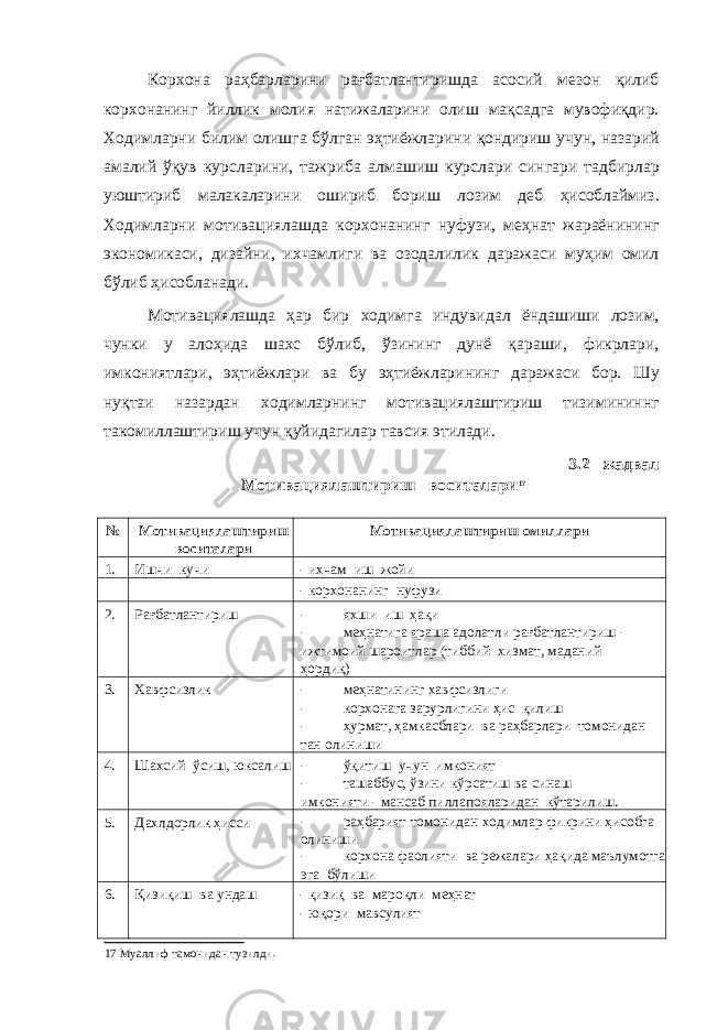 Корхона раҳбарларини рағбатлантиришда асосий мезон қилиб корхонанинг йиллик молия натижаларини олиш мақсадга мувофиқдир. Ходимларни билим олишга бўлган эҳтиёжларини қондириш учун, назарий амалий ўқув курсларини, тажриба алмашиш курслари сингари тадбирлар уюштириб малакаларини ошириб бориш лозим деб ҳисоблаймиз. Ходимларни мотивациялашда корхонанинг нуфузи, меҳнат жараёнининг экономикаси, дизайни, ихчамлиги ва озодалилик даражаси муҳим омил бўлиб ҳисобланади. Мотивациялашда ҳар бир ходимга индувидал ёндашиши лозим, чунки у алоҳида шахс бўлиб, ўзининг дунё қараши, фикрлари, имкониятлари, эҳтиёжлари ва бу эҳтиёжларининг даражаси бор. Шу нуқтаи назардан ходимларнинг мотивациялаштириш тизимининнг такомиллаштириш учун қуйидагилар тавсия этилади. 3.2– жадвал Мотивациялаштириш воситалари 17 № Мотивациялаштириш воситалари Мотивациялаштириш омиллари 1. Ишчи кучи - ихчам иш жойи - корхонанинг нуфузи 2. Рағбатлантириш - яхши иш ҳақи - меҳнатига яраша адолатли рағбатлантириш - ижтимоий шароитлар (тиббий хизмат, маданий ҳордиқ) 3. Хавфсизлик - меҳнатининг хавфсизлиги - корхонага зарурлигини ҳис қилиш - ҳурмат, ҳамкасблари ва раҳбарлари томонидан тан олиниши 4. Шахсий ўсиш, юксалиш - ўқитиш учун имконият - ташаббус, ўзини кўрсатиш ва синаш имконияти - мансаб пиллапояларидан кўтарилиш. 5. Дахлдорлик ҳисси - раҳбарият томонидан ходимлар фикрини ҳисобга олиниши - корхона фаолияти ва режалари ҳақида маълумотга эга бўлиши 6. Қизиқиш ва ундаш - қизиқ ва мароқли меҳнат - юқори мавсулият 17 Муаллиф тамонидан тузилди . 