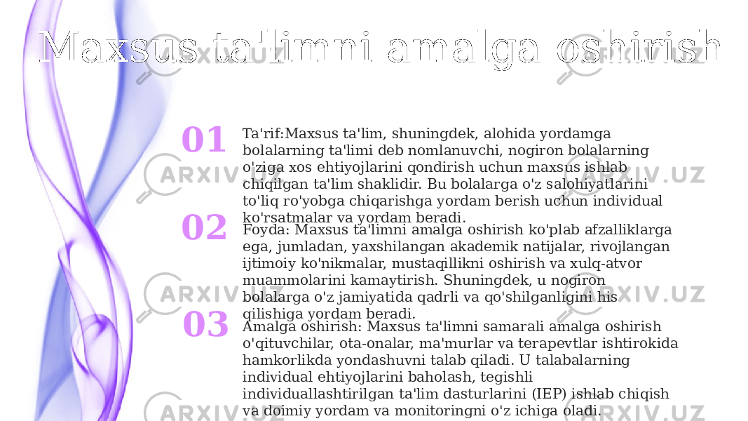 01 Ta&#39;rif:Maxsus ta&#39;lim, shuningdek, alohida yordamga bolalarning ta&#39;limi deb nomlanuvchi, nogiron bolalarning o&#39;ziga xos ehtiyojlarini qondirish uchun maxsus ishlab chiqilgan ta&#39;lim shaklidir. Bu bolalarga o&#39;z salohiyatlarini to&#39;liq ro&#39;yobga chiqarishga yordam berish uchun individual ko&#39;rsatmalar va yordam beradi. 02 Foyda: Maxsus ta&#39;limni amalga oshirish ko&#39;plab afzalliklarga ega, jumladan, yaxshilangan akademik natijalar, rivojlangan ijtimoiy ko&#39;nikmalar, mustaqillikni oshirish va xulq-atvor muammolarini kamaytirish. Shuningdek, u nogiron bolalarga o&#39;z jamiyatida qadrli va qo&#39;shilganligini his qilishiga yordam beradi. 03 Amalga oshirish: Maxsus ta&#39;limni samarali amalga oshirish o&#39;qituvchilar, ota-onalar, ma&#39;murlar va terapevtlar ishtirokida hamkorlikda yondashuvni talab qiladi. U talabalarning individual ehtiyojlarini baholash, tegishli individuallashtirilgan ta&#39;lim dasturlarini (IEP) ishlab chiqish va doimiy yordam va monitoringni o&#39;z ichiga oladi.Maxsus ta&#39;limni amalga oshirish 