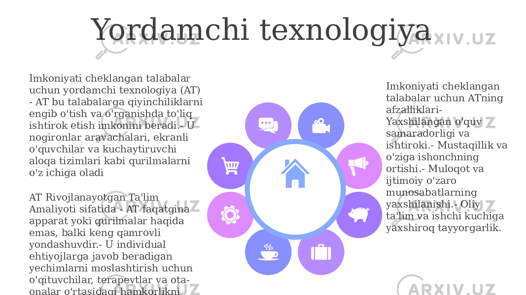 Yordamchi texnologiya Imkoniyati cheklangan talabalar uchun ATning afzalliklari- Yaxshilangan o&#39;quv samaradorligi va ishtiroki.- Mustaqillik va o&#39;ziga ishonchning ortishi.- Muloqot va ijtimoiy o&#39;zaro munosabatlarning yaxshilanishi.- Oliy ta&#39;lim va ishchi kuchiga yaxshiroq tayyorgarlik.Imkoniyati cheklangan talabalar uchun yordamchi texnologiya (AT) - AT bu talabalarga qiyinchiliklarni engib o&#39;tish va o&#39;rganishda to&#39;liq ishtirok etish imkonini beradi.- U nogironlar aravachalari, ekranli o&#39;quvchilar va kuchaytiruvchi aloqa tizimlari kabi qurilmalarni o&#39;z ichiga oladi AT Rivojlanayotgan Ta&#39;lim Amaliyoti sifatida - AT faqatgina apparat yoki qurilmalar haqida emas, balki keng qamrovli yondashuvdir.- U individual ehtiyojlarga javob beradigan yechimlarni moslashtirish uchun o&#39;qituvchilar, terapevtlar va ota- onalar o&#39;rtasidagi hamkorlikni o&#39;z ichiga oladi 