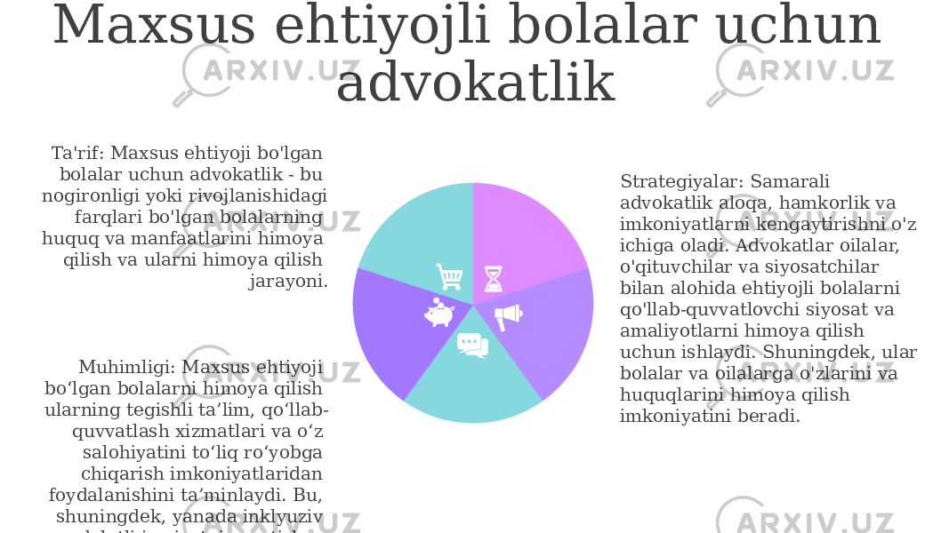 Maxsus ehtiyojli bolalar uchun advokatlik Muhimligi: Maxsus ehtiyoji bo‘lgan bolalarni himoya qilish ularning tegishli ta’lim, qo‘llab- quvvatlash xizmatlari va o‘z salohiyatini to‘liq ro‘yobga chiqarish imkoniyatlaridan foydalanishini ta’minlaydi. Bu, shuningdek, yanada inklyuziv va adolatli jamiyatni yaratishga yordam beradi.Ta&#39;rif: Maxsus ehtiyoji bo&#39;lgan bolalar uchun advokatlik - bu nogironligi yoki rivojlanishidagi farqlari bo&#39;lgan bolalarning huquq va manfaatlarini himoya qilish va ularni himoya qilish jarayoni. Strategiyalar: Samarali advokatlik aloqa, hamkorlik va imkoniyatlarni kengaytirishni o&#39;z ichiga oladi. Advokatlar oilalar, o&#39;qituvchilar va siyosatchilar bilan alohida ehtiyojli bolalarni qo&#39;llab-quvvatlovchi siyosat va amaliyotlarni himoya qilish uchun ishlaydi. Shuningdek, ular bolalar va oilalarga o&#39;zlarini va huquqlarini himoya qilish imkoniyatini beradi. 