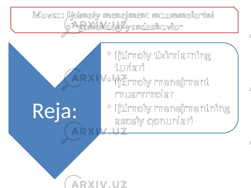 Reja: • Ijtimoiy tizimlarning turlari • Ijtimoiy menejment muammolar • Ijtimoiy menejmentning asosiy qonunlariMavzu: Ijtimoiy menejment muammolarini o`rganishdagi yondashuvlar 