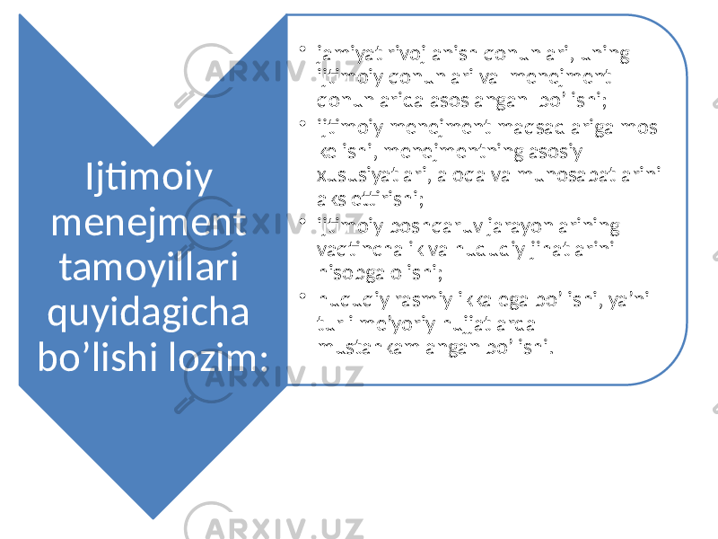 Ijtimoiy menejment tamoyillari quyidagicha bo’lishi lozim: • jamiyat rivojlanish qonunlari, uning ijtimoiy qonunlari va menejment qonunlarida asoslangan bo’lishi; • ijtimoiy menejment maqsadlariga mos kelishi, menejmentning asosiy xususiyatlari, aloqa va munosabatlarini aks ettirishi; • ijtimoiy boshqaruv jarayonlarining vaqtinchalik va hududiy jihatlarini hisobga olishi; • huquqiy rasmiylikka ega bo’lishi, ya’ni turli me’yoriy hujjatlarda mustahkamlangan bo’lishi. 