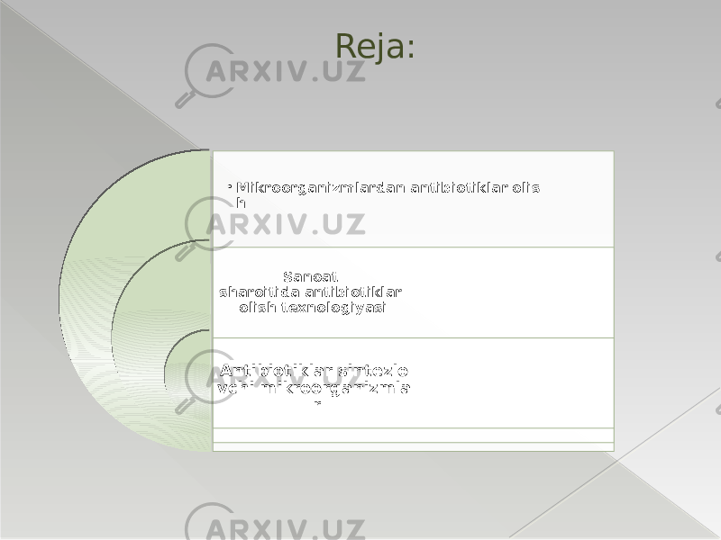 Sanoat sharoitida antibiotiklar  olish texnologiyasi Antibiotiklar sintezlo vchi mikroorganizmla r• Mikroorganizmlardan   antibiotiklar   olis h Reja: 