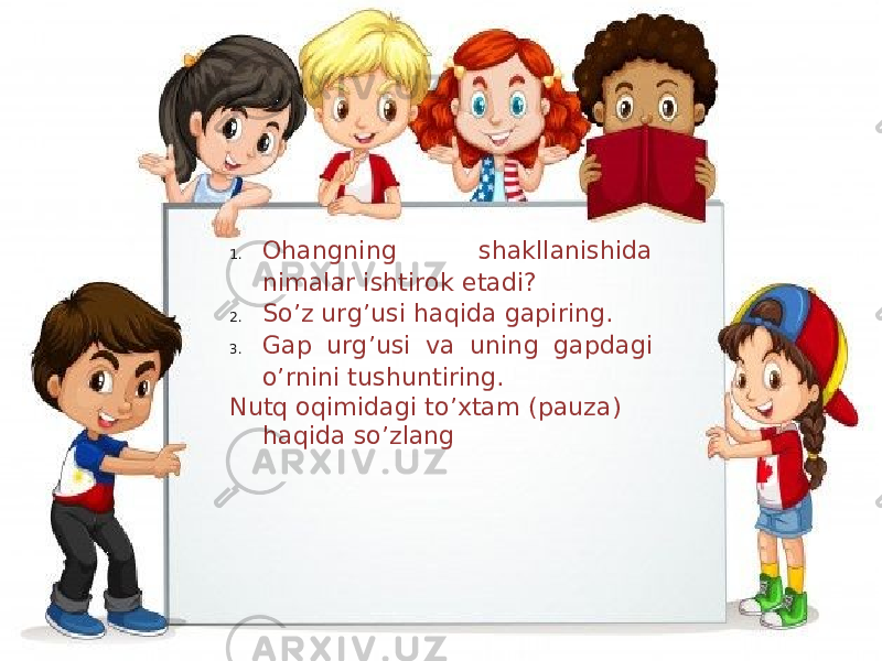 1. Ohangning shakllanishida nimalar ishtirok etadi? 2. So’z urg’usi haqida gapiring. 3. Gap urg’usi va uning gapdagi o’rnini tushuntiring. Nutq oqimidagi to’xtam (pauza) haqida so’zlang 