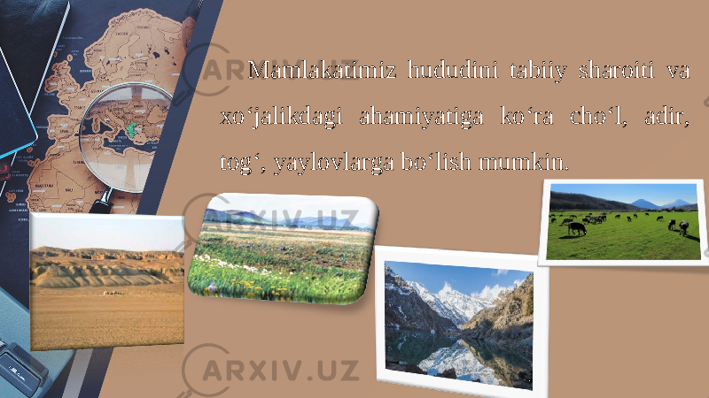 Mamlakatimiz hududini tabiiy sharoiti va xo‘jalikdagi ahamiyatiga ko‘ra cho‘l, adir, tog‘, yaylovlarga bo‘lish mumkin. 