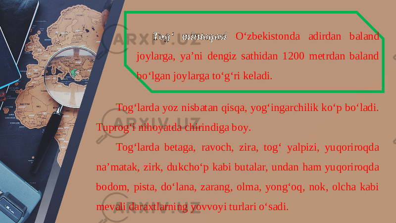 Tog‘ mintaqasi O‘zbekistonda adirdan baland joylarga, ya’ni dengiz sathidan 1200 metrdan baland bo‘lgan joylarga to‘g‘ri keladi. Tog‘larda yoz nisbatan qisqa, yog‘ingarchilik ko‘p bo‘ladi. Tuprog‘i nihoyatda chirindiga boy. Tog‘larda betaga, ravoch, zira, tog‘ yalpizi, yuqoriroqda na’matak, zirk, dukcho‘p kabi butalar, undan ham yuqoriroqda bodom, pista, do‘lana, zarang, olma, yong‘oq, nok, olcha kabi mevali daraxtlarning yovvoyi turlari o‘sadi. 