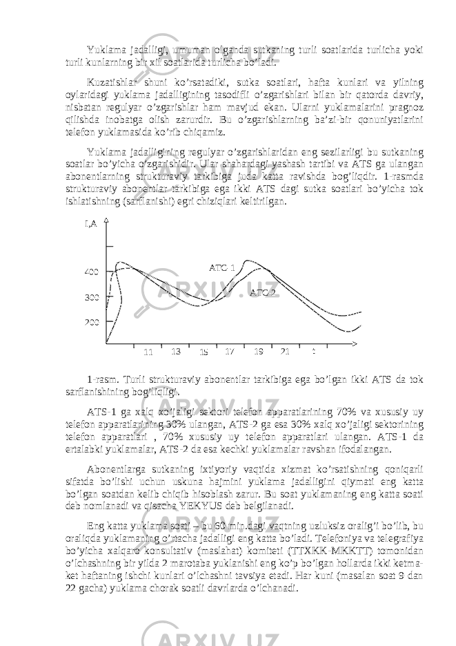 Yuklama jadalligi, umuman olganda sutkaning turli soatlarida turlicha yoki turli kunlarning bir xil soatlarida turlicha bo’ladi. Kuzatishlar shuni ko’rsatadiki, sutka soatlari, hafta kunlari va yilning oylaridagi yuklama jadalligining tasodifli o’zgarishlari bilan bir qatorda davriy, nisbatan regulyar o’zgarishlar ham mavjud ekan. Ularni yuklamalarini pragnoz qilishda inobatga olish zarurdir. Bu o’zgarishlarning ba’zi-bir qonuniyatlarini telefon yuklamasida ko’rib chiqamiz. Yuklama jadalligining regulyar o’zgarishlaridan eng sezilarligi bu sutkaning soatlar bo’yicha o’zgarishidir. Ular shahardagi yashash tartibi va ATS ga ulangan abonentlarning strukturaviy tarkibiga juda katta ravishda bog’liqdir. 1-rasmda strukturaviy abonentlar tarkibiga ega ikki ATS dagi sutka soatlari bo’yicha tok ishlatishning (sarflanishi) egri chiziqlari keltirilgan. 1-rasm. Turli strukturaviy abonentlar tarkibiga ega bo’lgan ikki ATS da tok sarflanishining bog’liqligi. ATS-1 ga xalq xo’jaligi sektori telefon apparatlarining 70% va xususiy uy telefon apparatlarining 30% ulangan, ATS-2 ga esa 30% xalq xo’jaligi sektorining telefon apparatlari , 70% xususiy uy telefon apparatlari ulangan. ATS-1 da ertalabki yuklamalar, ATS-2 da esa kechki yuklamalar ravshan ifodalangan. Abonentlarga sutkaning ixtiyoriy vaqtida xizmat ko’rsatishning qoniqarli sifatda bo’lishi uchun uskuna hajmini yuklama jadalligini qiymati eng katta bo’lgan soatdan kelib chiqib hisoblash zarur. Bu soat yuklamaning eng katta soati deb nomlanadi va qisacha YEKYUS deb belgilanadi. Eng katta yuklama soati – bu 60 min.dagi vaqtning uzluksiz oralig’i bo’lib, bu oraliqda yuklamaning o’rtacha jadalligi eng katta bo’ladi. Telefoniya va telegrafiya bo’yicha xalqaro konsultativ (maslahat) komiteti (TTXKK-MKKTT) tomonidan o’lchashning bir yilda 2 marotaba yuklanishi eng ko’p bo’lgan hollarda ikki ketma- ket haftaning ishchi kunlari o’lchashni tavsiya etadi. Har kuni (masalan soat 9 dan 22 gacha) yuklama chorak soatli davrlarda o’lchanadi .АТС-1 АТС-2400 300 200 11 15 17 19 21I,A t 13 