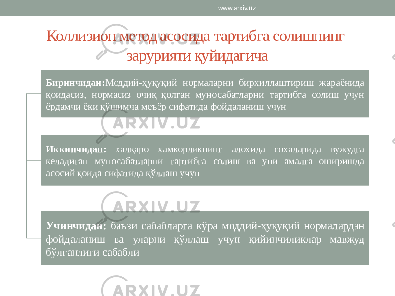 Коллизион метод асосида тартибга солишнинг зарурияти қуйидагича Биринчидан: Моддий-ҳуқуқий нормаларни бирхиллаштириш жараёнида қоидасиз, нормасиз очиқ қолган муносабатларни тартибга солиш учун ёрдамчи ёки қўшимча меъёр сифатида фойдаланиш учун Иккинчидан: халқаро хамкорликнинг алохида сохаларида вужудга келадиган муносабатларни тартибга солиш ва уни амалга оширишда асосий қоида сифатида қўллаш учун Учинчидан: баъзи сабабларга кўра моддий-ҳуқуқий нормалардан фойдаланиш ва уларни қўллаш учун қийинчиликлар мавжуд бўлганлиги сабабли www.arxiv.uz 