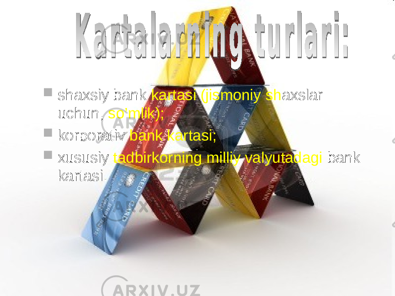  shaxsiy bank kartasi (jismoniy sh axslar uchun, so’mlik);  korporativ bank kartasi;  xususiy tadbirkorning milliy valyutadagi bank kartasi . 