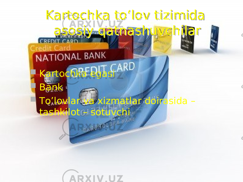 Kartochka to‘lov tizimida Kartochka to‘lov tizimida asosiy qatnashuvchilarasosiy qatnashuvchilar  Kartochka egasi  Bank  To’lovlar va xizmatlar doirasida – tashkilot – sotuvchi 