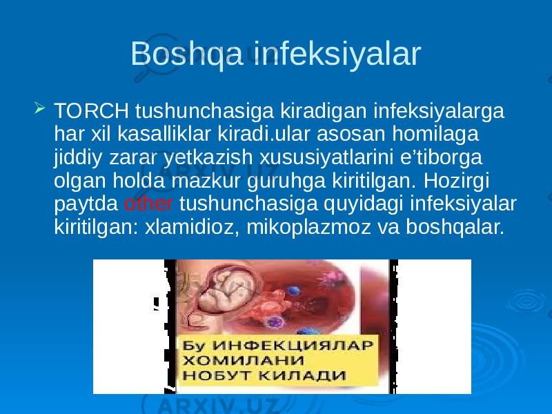 Boshqa infeksiyalar  TORCH tushunchasiga kiradigan infeksiyalarga har xil kasalliklar kiradi.ular asosan homilaga jiddiy zarar yetkazish xususiyatlarini e’tiborga olgan holda mazkur guruhga kiritilgan. Hozirgi paytda other tushunchasiga quyidagi infeksiyalar kiritilgan: xlamidioz, mikoplazmoz va boshqalar. 