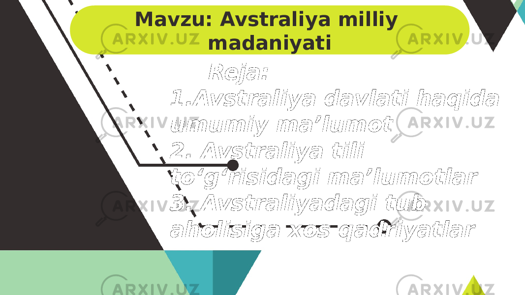 Mavzu: Avstraliya milliy madaniyati Reja: 1.Avstraliya davlati haqida umumiy maʼlumot 2. Avstraliya tili toʻgʻrisidagi maʼlumotlar 3. Avstraliyadagi tub aholisiga xos qadriyatlar 