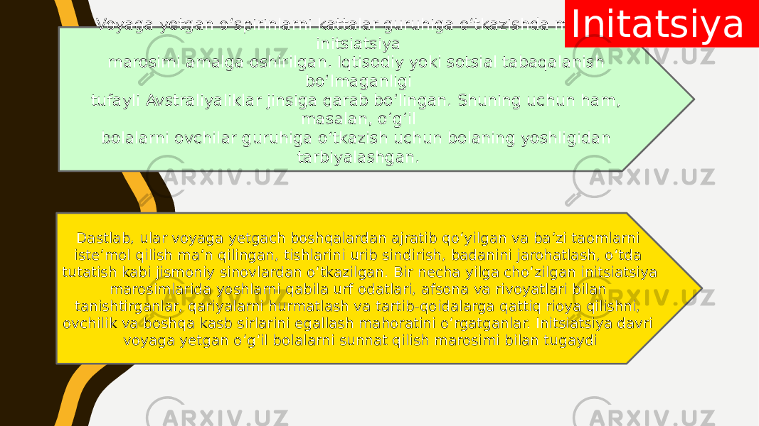 Voyaga yetgan o‘spirinlarni kattalar guruhiga o‘tkazishda maxsus initsiatsiya marosimi amalga oshirilgan. Iqtisodiy yoki sotsial tabaqalanish bo‘lmaganligi tufayli Avstraliyaliklar jinsiga qarab bo‘lingan. Shuning uchun ham, masalan, o‘g‘il bolalarni ovchilar guruhiga o‘tkazish uchun bolaning yoshligidan tarbiyalashgan. Dastlab, ular voyaga yetgach boshqalardan ajratib qo‘yilgan va ba’zi taomlarni iste’mol qilish ma’n qilingan, tishlarini urib sindirish, badanini jarohatlash, o‘tda tutatish kabi jismoniy sinovlardan o‘tkazilgan. Bir necha yilga cho‘zilgan initsiatsiya marosimlarida yoshlarni qabila urf odatlari, afsona va rivoyatlari bilan tanishtirganlar, qariyalarni hurmatlash va tartib-qoidalarga qattiq rioya qilishni, ovchilik va boshqa kasb sirlarini egallash mahoratini o‘rgatganlar. Initsiatsiya davri voyaga yetgan o‘g‘il bolalarni sunnat qilish marosimi bilan tugaydi Initatsiya 