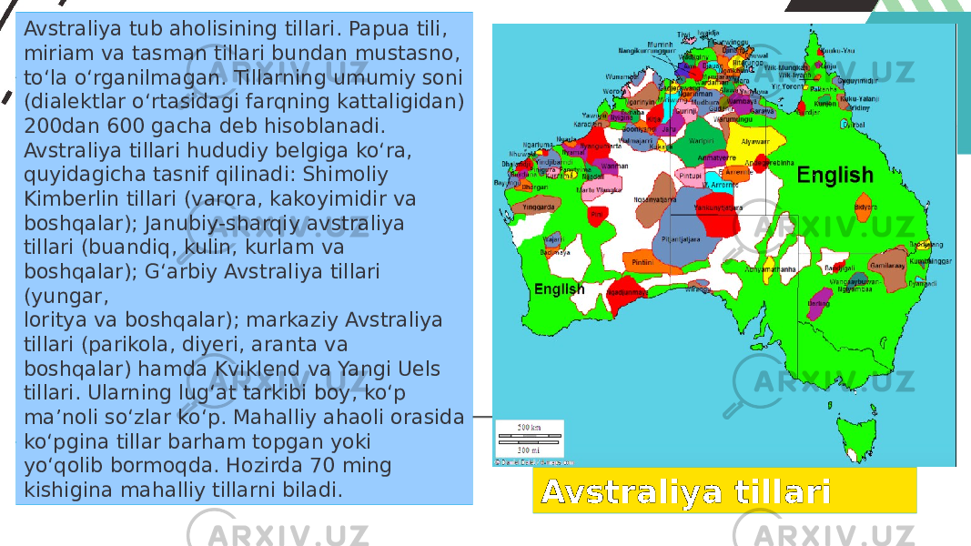 Avstraliya tub aholisining tillari. Papua tili, miriam va tasman tillari bundan mustasno, to‘la o‘rganilmagan. Tillarning umumiy soni (dialektlar o‘rtasidagi farqning kattaligidan) 200dan 600 gacha deb hisoblanadi. Avstraliya tillari hududiy belgiga ko‘ra, quyidagicha tasnif qilinadi: Shimoliy Kimberlin tillari (varora, kakoyimidir va boshqalar); Janubiy-sharqiy avstraliya tillari (buandiq, kulin, kurlam va boshqalar); G‘arbiy Avstraliya tillari (yungar, loritya va boshqalar); markaziy Avstraliya tillari (parikola, diyeri, aranta va boshqalar) hamda Kviklend va Yangi Uels tillari. Ularning lug‘at tarkibi boy, ko‘p ma’noli so‘zlar ko‘p. Mahalliy ahaoli orasida ko‘pgina tillar barham topgan yoki yo‘qolib bormoqda. Hozirda 70 ming kishigina mahalliy tillarni biladi. Avstraliya tillari 