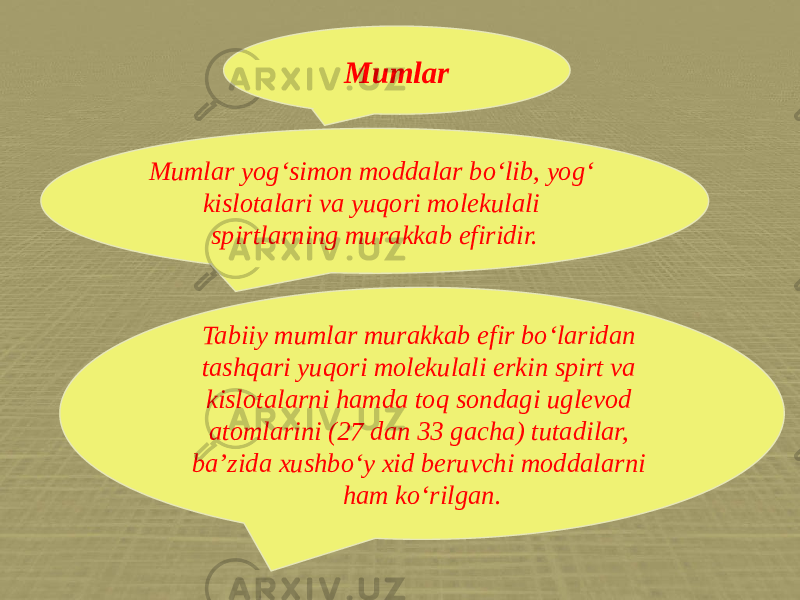 Mumlar Mumlar yog‘simon moddalar bo‘lib, yog‘ kislotalari va yuqori molekulali spirtlarning murakkab efiridir. Tabiiy mumlar murakkab efir bo‘laridan tashqari yuqori molekulali erkin spirt va kislotalarni hamda toq sondagi uglevod atomlarini (27 dan 33 gacha) tutadilar, ba’zida xushbo‘y xid beruvchi moddalarni ham ko‘rilgan. 