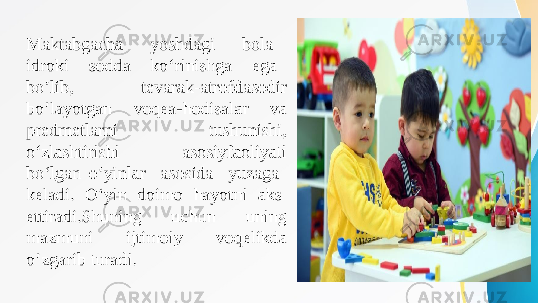 Maktabgacha yoshdagi bola idroki sodda kо‘rinishga ega bо’lib, tevarak-atrofdasodir bо’layotgan voqea-hodisalar va predmetlarni tushunishi, о‘zlashtirishi asosiyfaoliyati bо‘lgan о‘yinlar asosida yuzaga keladi. О‘yin doimo hayotni aks ettiradi.Shuning uchun uning mazmuni ijtimoiy voqelikda o’zgarib turadi. 