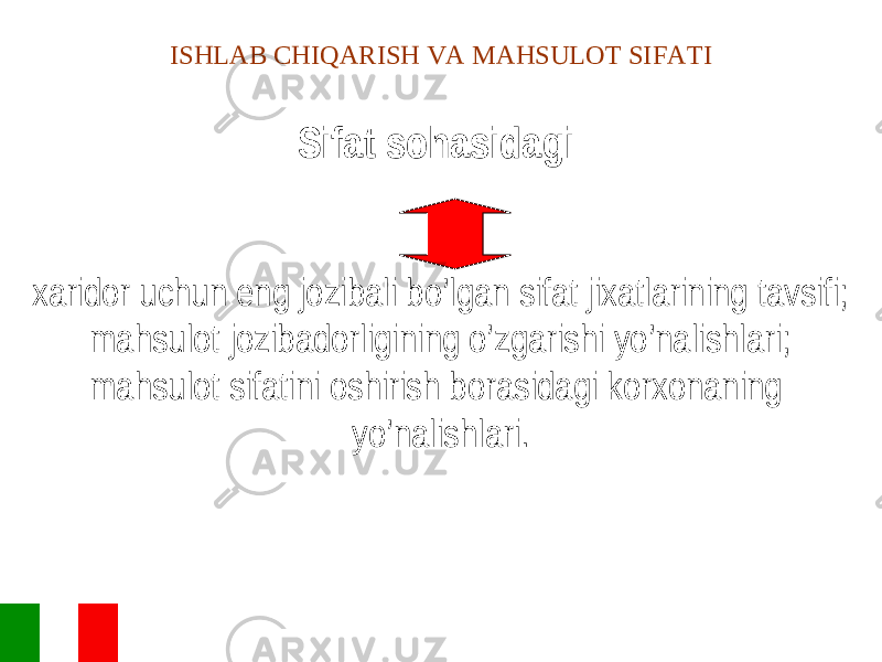 ISHLAB CHIQARISH VA MAHSULOT SIFATI xaridor uchun eng jozibali bo’lgan sifat jixatlarining tavsifi; mahsulot jozibadorligining o’zgarishi yo’nalishlari; mahsulot sifatini oshirish borasidagi korxonaning yo’nalishlari.Sifat sohasidagi 