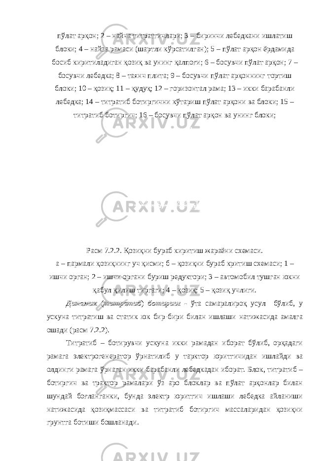 пўлат арқон; 2 – найча титратгичлари; 3 – биринчи лебедкани ишлатиш блоки; 4 – найза рамаси (шартли кўрсатилган); 5 – пўлат арқон ёрдамида босиб киритиладиган қозиқ ва унинг қалпоғи; 6 – босувчи пўлат арқон; 7 – босувчи лебедка; 8 – таянч плита; 9 – босувчи пўлат арқоннинг тортиш блоки; 10 – қозиқ; 11 – қудуқ; 12 – горизонтал рама; 13 – икки барабанли лебедка; 14 – титратиб ботиргични кўтариш пўлат арқони ва блоки; 15 – титратиб ботиргич; 16 – босувчи пўлат арқон ва унинг блоки; Расм 7.2.2. Қозиқни бураб киритиш жараёни схемаси. а – пармали қозиқнинг уч қисми; б – қозиқни бураб критиш схемаси; 1 – ишчи орган; 2 – ишчи органи буриш редуктори; 3 – автомобил тушган юкни қабул қилиш тиргаги; 4 – қозиқ; 5 – қозиқ учлиги. Д инамик ( титратиб ) ботириш - ўта самаралироқ усул бўлиб, у ускуна титратиш ва статик юк бир-бири билан ишлаши натижасида амалга ошади (расм 7.2.2). Титратиб – ботирувчи ускуна икки рамадан иборат бўлиб, орқадаги рамага электрогенератор ўрнатилиб у тарктор юритгичидан ишлайди ва олдинги рамага ўрнаган икки барабанли лебедкадан иборат. Блок, титратиб – ботиргич ва трактор рамалари ўз аро блоклар ва пўлат арқонлар билан шундай боғланганки, бунда электр юритгич ишлаши лебедка айланиши натижасида қозиқмассаси ва титратиб ботиргич массаларидан қозиқни грунтга ботиши бошланади. 