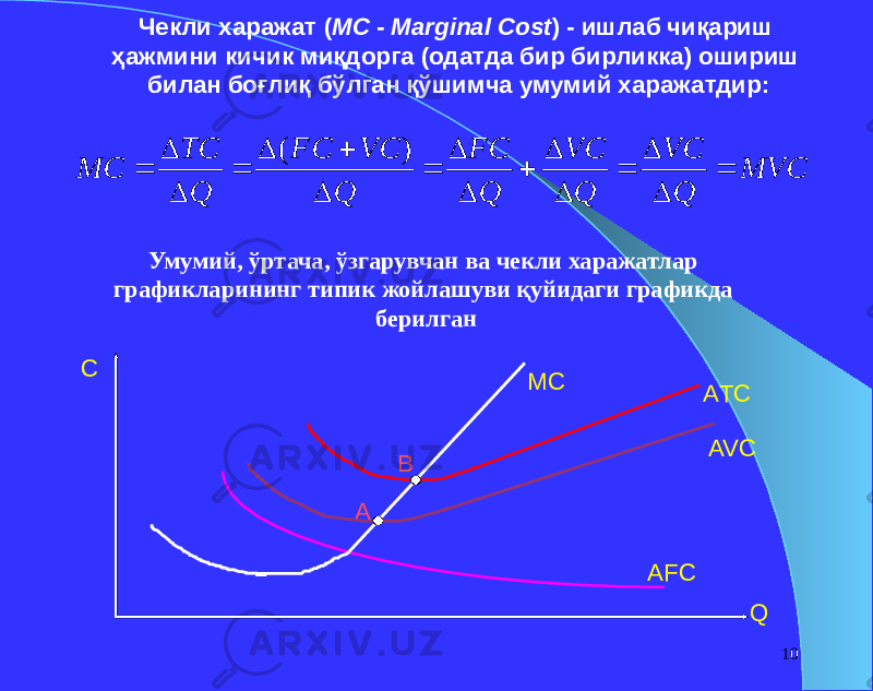 10Чекли харажат ( MC - Marginal Cost ) - ишлаб чиқариш ҳажмини кичик миқдорга (одатда бир бирликка) ошириш билан боғлиқ бўлган қўшимча умумий харажатдир: Умумий, ўртача, ўзгарувчан ва чекли харажатлар графикларининг типик жойлашуви қуйидаги графикда берилган QC B A AFC AТCMC AVCMVC Q VC Q VC Q FC Q VC FC Q TC MC                  ) ( 