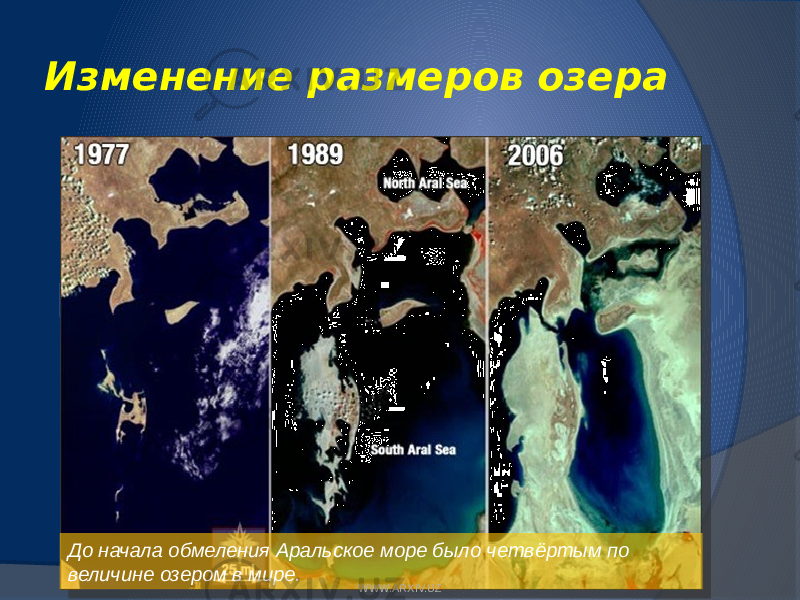 Изменение размеров озера До начала обмеления Аральское море было четвёртым по величине озером в мире. WWW.ARXIV.UZ 