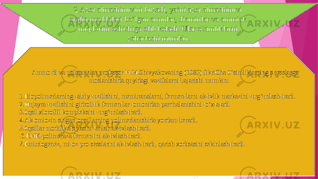 2.Azot almashinuvini buzadi, ya’ni azot almashinuvi oraliq moddalari bo ’l gan aminlar, diaminlar va ammiak miqdorini oshishiga olib keladi. Ular o&#39;simlikla rn i zaharlashi mumkin. Ammo di va poliaminlar professor N.M.Shivyakovaning (1983) fik ri Cha 0‘simliklarning stresslarga moslanishida quyidagi vazifala rn i bajarishi mumkin: 1 .Biopolimerla rn ing tabiiy tuzilishini, membranalarni, fermentlarni aktivlik markazini turg‘unlashtiradi. 2.Hujayra tuzilishini gidrolitik fermentlar tomonidan parchalanishini to‘xtatadi. 3.0qsil xlorofil l kompleksini turg‘unlashtiradi. 4.Aktomiozin singari oqsilla rn ing polimerlanishida yordam beradi. 5.0qsillar modif i katsiyasini tanlab aktivlashtiradi. 6.RNK-polimeraza fermentini aktivlashtiradi. 7.Embriogenez, mitoz pro t ses s larini aktivlashtiradi, qarish xodisasini sekinlashtiradi. 