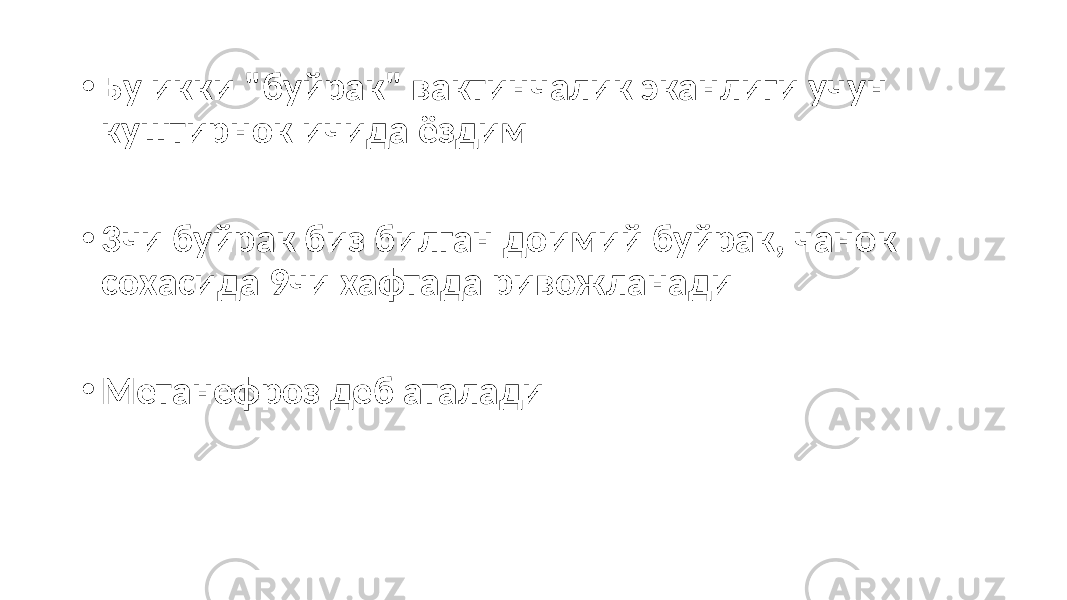 • Бу икки &#34;буйрак&#34; вактинчалик эканлиги учун куштирнок ичида ёздим • 3чи буйрак биз билган доимий буйрак, чанок сохасида 9чи хафтада ривожланади • Метанефроз деб аталади 