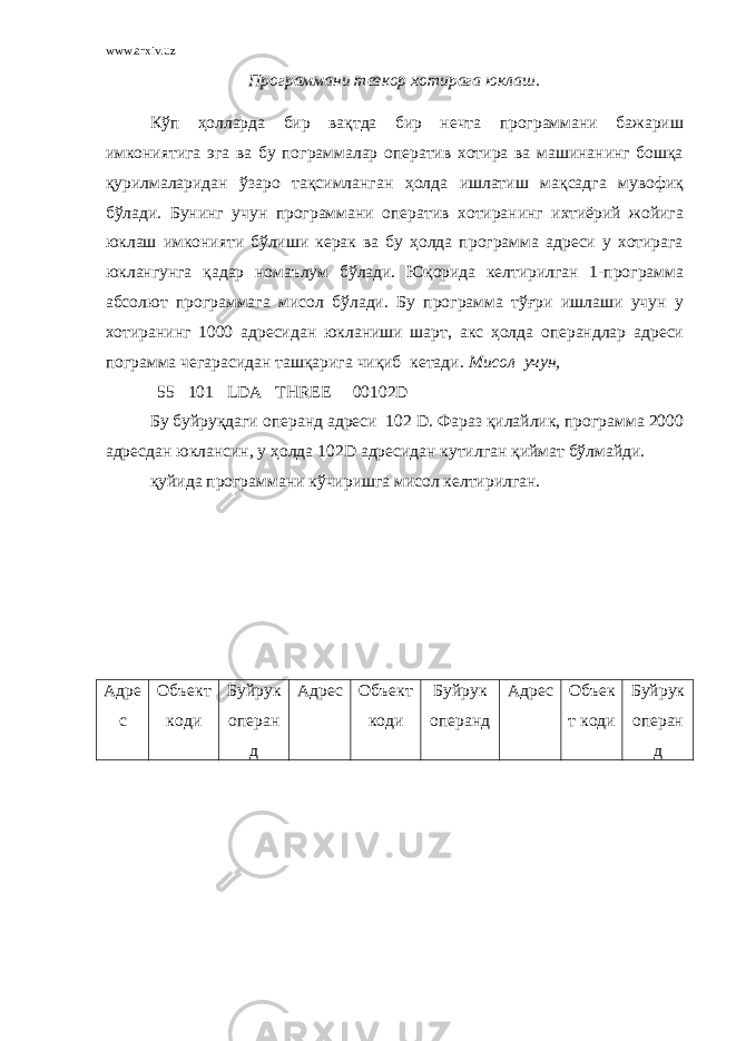 www.arxiv.uz Программани тезкор хотирага юклаш. Кўп ҳолларда бир вақтда бир нечта программани бажариш имкониятига эга ва бу пограммалар оператив хотира ва машинанинг бошқа қурилмаларидан ўзаро тақсимланган ҳолда ишлатиш мақсадга мувофиқ бўлади. Бунинг учун программани оператив хотиранинг ихтиёрий жойига юклаш имконияти бўлиши керак ва бу ҳолда программа адреси у хотирага юклангунга қадар номаълум бўлади. Юқорида келтирилган 1-программа абсолют программага мисол бўлади. Бу программа тўғри ишлаши учун у хотиранинг 1000 адресидан юкланиши шарт, акс ҳолда операндлар адреси пограмма чегарасидан ташқарига чиқиб кетади. Мисол учун, 55 101 LDA THREE 00102D Бу буйруқдаги операнд адреси 102 D. Фараз қилайлик, программа 2000 адресдан юклансин, у ҳолда 102D адресидан кутилган қиймат бўлмайди. қуйида программани кўчиришга мисол келтирилган. Адре с Объект коди Буйрук операн д Адрес Объект коди Буйрук операнд Адрес Объек т коди Буйрук операн д 