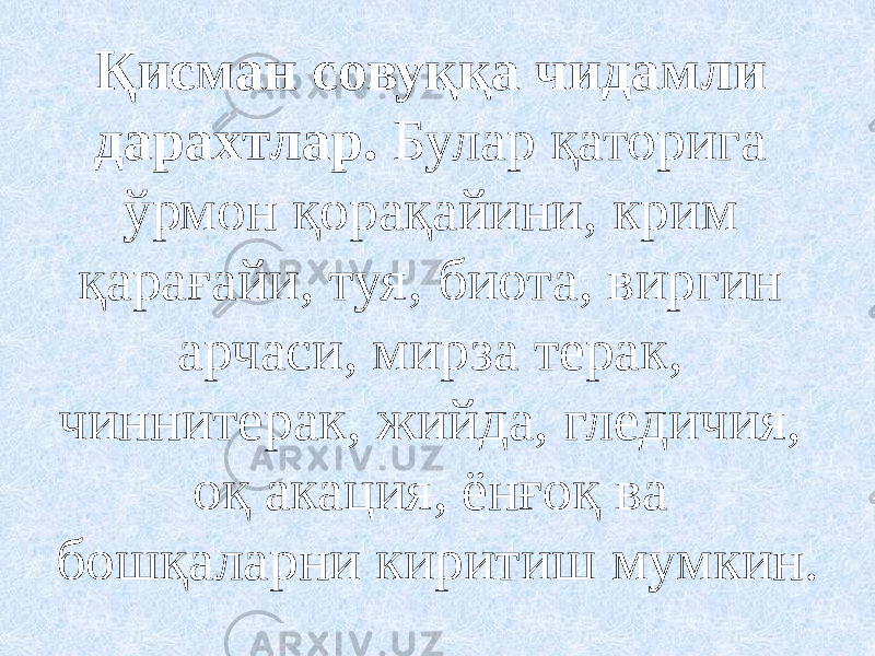 Қисман совуққа чидамли дарахтлар. Булар қаторига ўрмон қорақайини, крим қарағайи, туя, биота, виргин арчаси, мирза терак, чиннитерак, жийда, гледичия, оқ акация, ёнғоқ ва бошқаларни киритиш мумкин. 