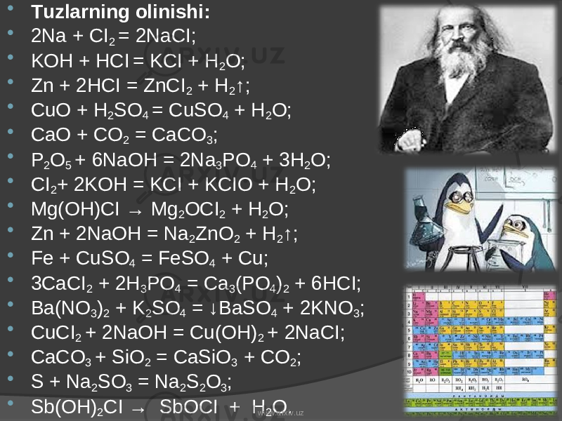  Tuzlarning olinishi:  2Na + CI 2 = 2NaCI;  KOH + HCI = KCI + H 2 O;  Zn + 2HCI = ZnCI 2 + H 2 ↑;  CuO + H 2 SO 4 = CuSO 4 + H 2 O;  CaO + CO 2 = CaCO 3 ;  P 2 O 5 + 6NaOH = 2Na 3 PO 4 + 3H 2 O;  CI 2 + 2KOH = KCI + KCIO + H 2 O;  Mg(OH)CI → Mg 2 OCI 2 + H 2 O;  Zn + 2NaOH = Na 2 ZnO 2 + H 2 ↑;  Fe + CuSO 4 = FeSO 4 + Cu;  3CaCI 2 + 2H 3 PO 4 = Ca 3 (PO 4 ) 2 + 6HCI;  Ba(NO 3 ) 2 + K 2 SO 4 = ↓BaSO 4 + 2KNO 3 ;  CuCI 2 + 2NaOH = Cu(OH) 2 + 2NaCI;  CaCO 3 + SiO 2 = CaSiO 3 + CO 2 ;  S + Na 2 SO 3 = Na 2 S 2 O 3 ;  Sb(OH) 2 CI → SbOCI + H 2 O. www.arxiv.uz 