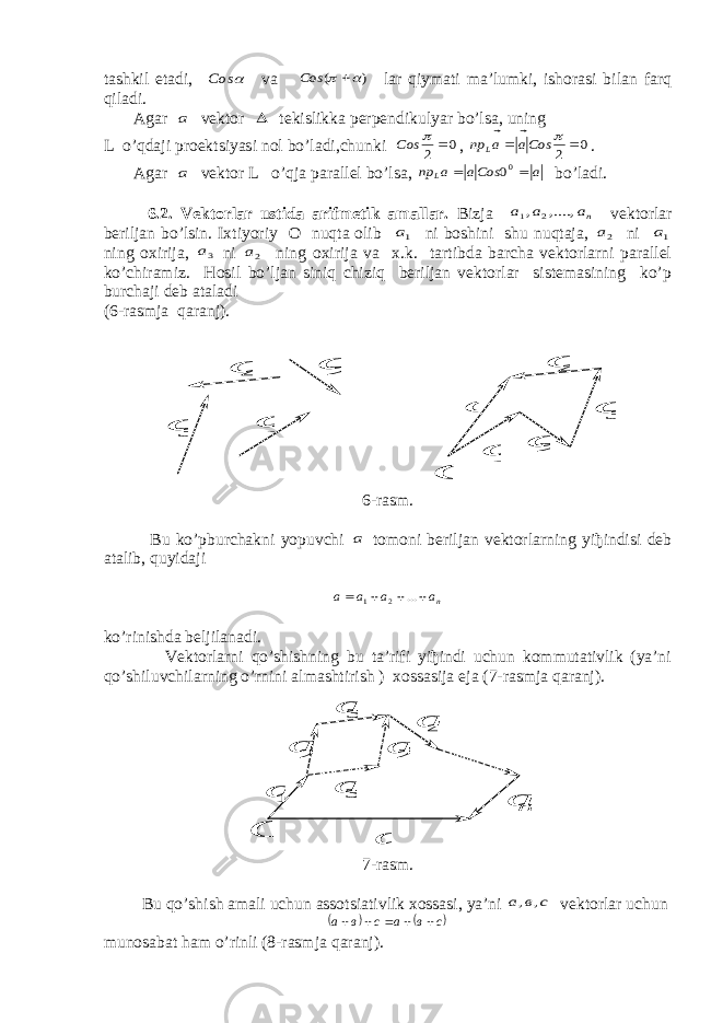 tashkil etadi,  Cos va ) (    Cos lar qiymati ma’lumki, ishorasi bilan farq qiladi. Agar а vektor  tekislikka perpendikulyar bo’lsa, uning L o’qdaji proektsiyasi nol bo’ladi,chunki 0 2   Cos , 0 2    Cosa a np L   . Agar а vektor L o’qja parallel bo’lsa, a Cosa a np L      00 bo’ladi. 6.2. Vektorlar ustida arifmetik amallar. Bizja па а а    ,...., , 2 1 vektorlar beriljan bo’lsin. I х tiyoriy O nuqta olib 1а ni boshini shu nuqtaja, 2а ni 1а ning o х irija, 3а ni 2а ning o х irija va х .k. tartibda barcha vektorlarni parallel ko’chiramiz. Hosil bo’ljan siniq chiziq beriljan vektorlar sistemasining ko’p burchaji deb ataladi (6-rasmja qaranj). 4 а  3 а  1а  2 а  1а  2 а  4 а  3 а  а  О 6-rasm. Bu ko’pburchakni yopuvchi а tomoni beriljan vektorlarning yiђindisi deb atalib, quyidaji па а а а         ... 2 1 ko’rinishda beljilanadi. Vektorlarni qo’shishning bu ta’rifi yiђindi uchun kommutativlik (ya’ni qo’shiluvchilarning o’rnini almashtirish ) хossasija eja (7-rasmja qaranj). n а  2 а  О 4 а  3 а  1а  2 а  3 а  а  7-rasm. Bu qo’shish amali uchun asso ts iativlik х ossasi, ya’ ni с в а    , , vektorlar uchun    с в а с в а            munosabat ham o’rinli (8-rasmja qaranj). 