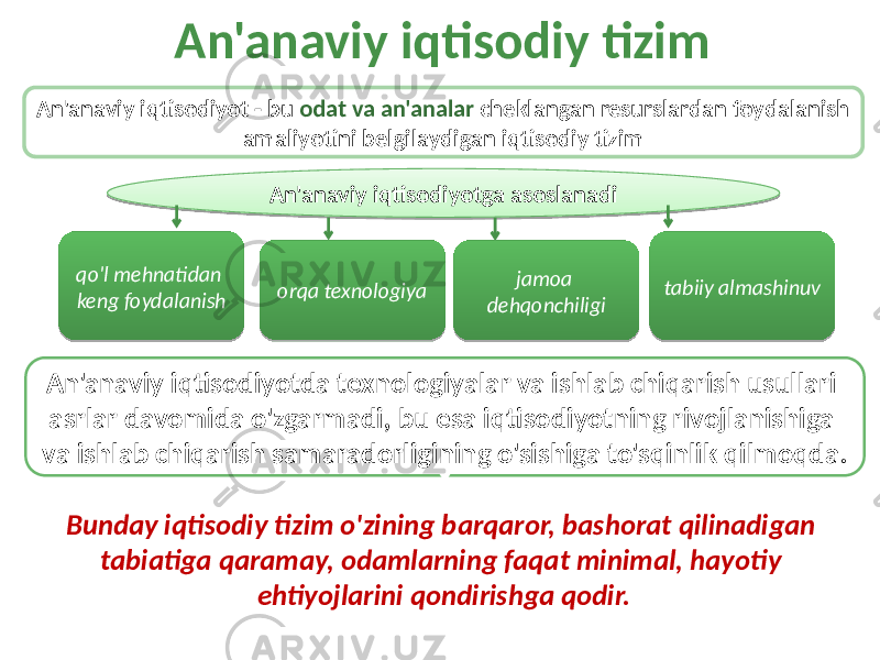 An&#39;anaviy iqtisodiy tizim An&#39;anaviy iqtisodiyot - bu odat va an&#39;analar cheklangan resurslardan foydalanish amaliyotini belgilaydigan iqtisodiy tizim An&#39;anaviy iqtisodiyotga asoslanadi qo&#39;l mehnatidan keng foydalanish orqa texnologiya jamoa dehqonchiligi tabiiy almashinuv An&#39;anaviy iqtisodiyotda texnologiyalar va ishlab chiqarish usullari asrlar davomida o&#39;zgarmadi, bu esa iqtisodiyotning rivojlanishiga va ishlab chiqarish samaradorligining o&#39;sishiga to&#39;sqinlik qilmoqda. Bunday iqtisodiy tizim o&#39;zining barqaror, bashorat qilinadigan tabiatiga qaramay, odamlarning faqat minimal, hayotiy ehtiyojlarini qondirishga qodir.0126 0A 0E 11 1F05 1B 16 