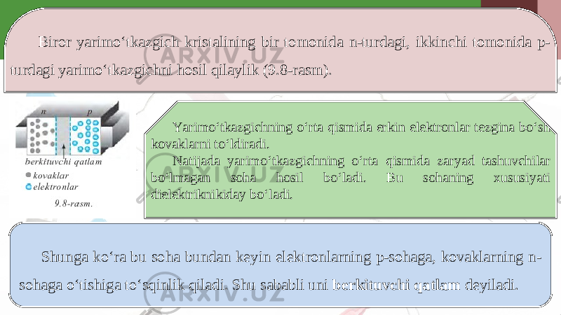 Biror yarimo‘tkazgich kristalining bir tomonida n-turdagi, ikkinchi tomonida p- turdagi yarimo‘tkazgichni hosil qilaylik (9.8-rasm). Yarimo‘tkazgichning o‘rta qismida erkin elektronlar tezgina bo‘sh kovaklarni to‘ldiradi. Natijada yarimo‘tkazgichning o‘rta qismida zaryad tashuvchilar bo‘lmagan soha hosil bo‘ladi. Bu sohaning xususiyati dielektriknikiday bo‘ladi. Shunga ko‘ra bu soha bundan keyin elektronlarning p-sohaga, kovaklarning n- sohaga o‘tishiga to‘sqinlik qiladi. Shu sababli uni berkituvchi qatlam deyiladi. 