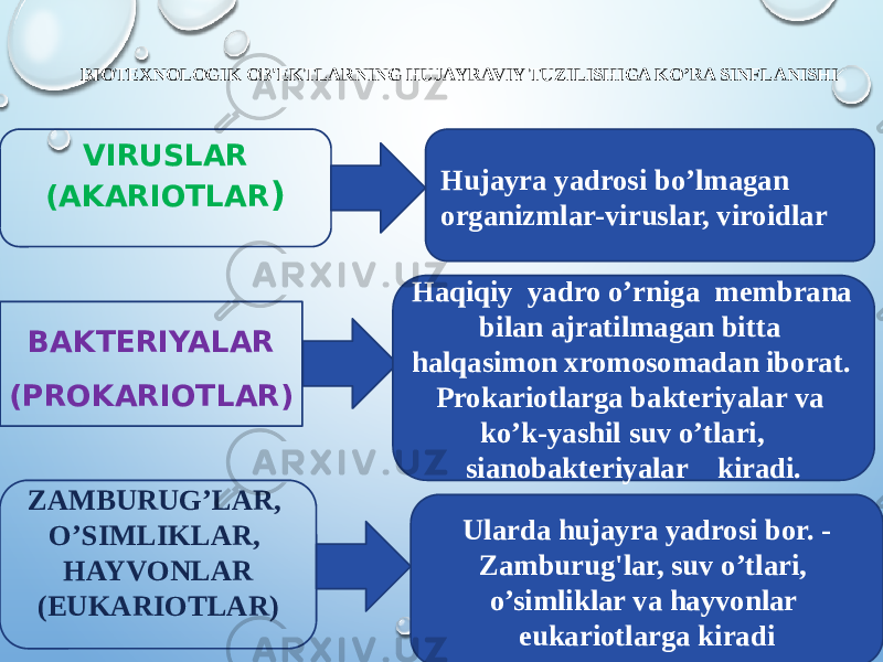  BIOTEXNOLOGIK OB&#39;EKTLARNING HUJAYRAVIY TUZILISHIGA KO’RA SINFLANISHI VIRUSLAR (AKARIOTLAR ) BAKTERIYALAR (PROKARIOTLAR) ZAMBURUG’LAR, O’SIMLIKLAR, HAYVONLAR (EUKARIOTLAR) Hujayra yadrosi bo’lmagan organizmlar-viruslar, viroidlar Haqiqiy yadro o’rniga membrana bilan ajratilmagan bitta halqasimon xromosomadan iborat. Prokariotlarga bakteriyalar va ko’k-yashil suv o’tlari, sianobakteriyalar kiradi. Ularda hujayra yadrosi bor. - Zamburug&#39;lar, suv o’tlari, o’simliklar va hayvonlar eukariotlarga kiradi 